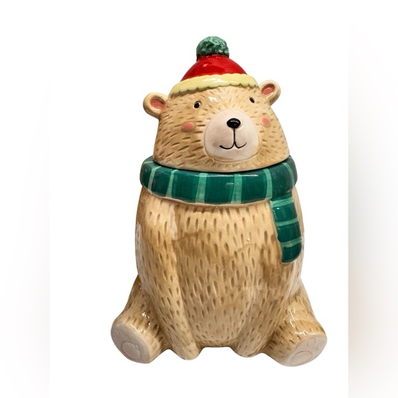Sleigh Bell Bistro Other - Festive Bear Ceramic Treat Jar with Green Scarf and Red Hat